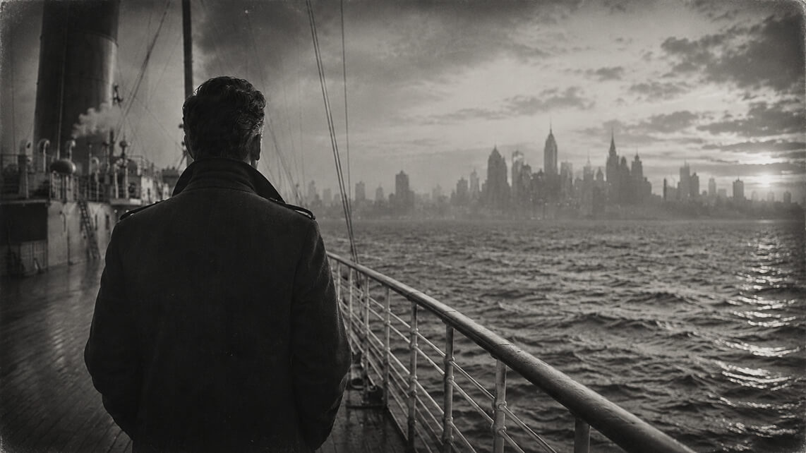 Hombre en la cubierta de un barco rumbo a Nueva York, evocando el viaje de Joseph Pilates hacia América y el nacimiento de la Contrología.