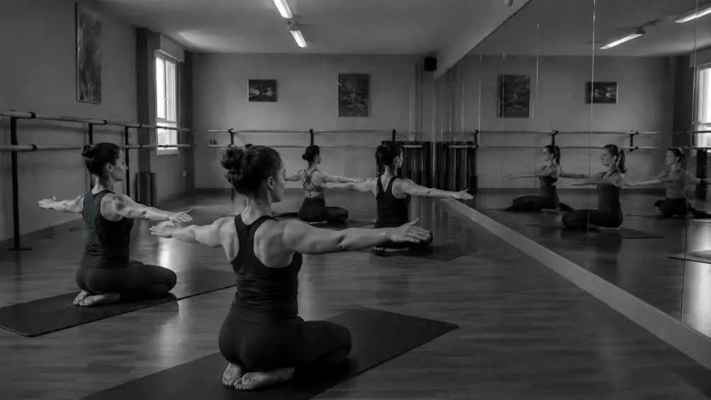 Grupo reducido de Barre & Motion en Alameda Studio, realizando un ejercicio de suelo frente al espejo en una sala amplia, con barras de ballet y fotografía en blanco y negro.